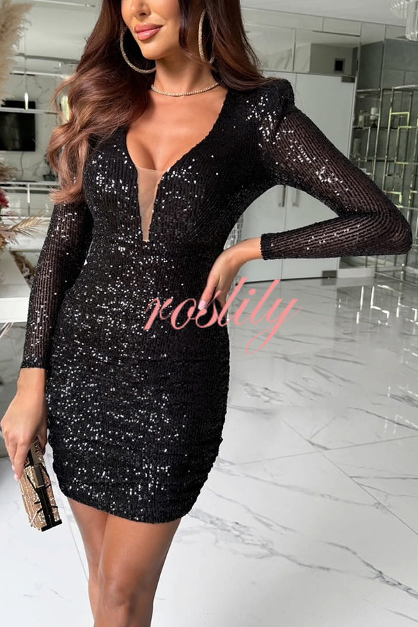 Dreamy and Dazzling Sequin Mesh V-neck Long Sleeve Ruched Stretch Mini Dress