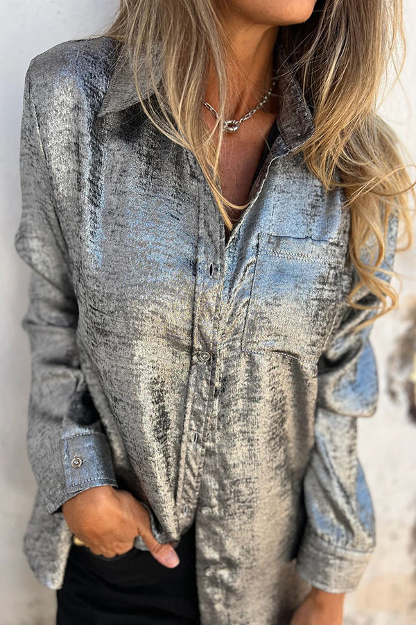 First and Fabulous Metallic Fabric Button Up Long Sleeve Loose Blouse