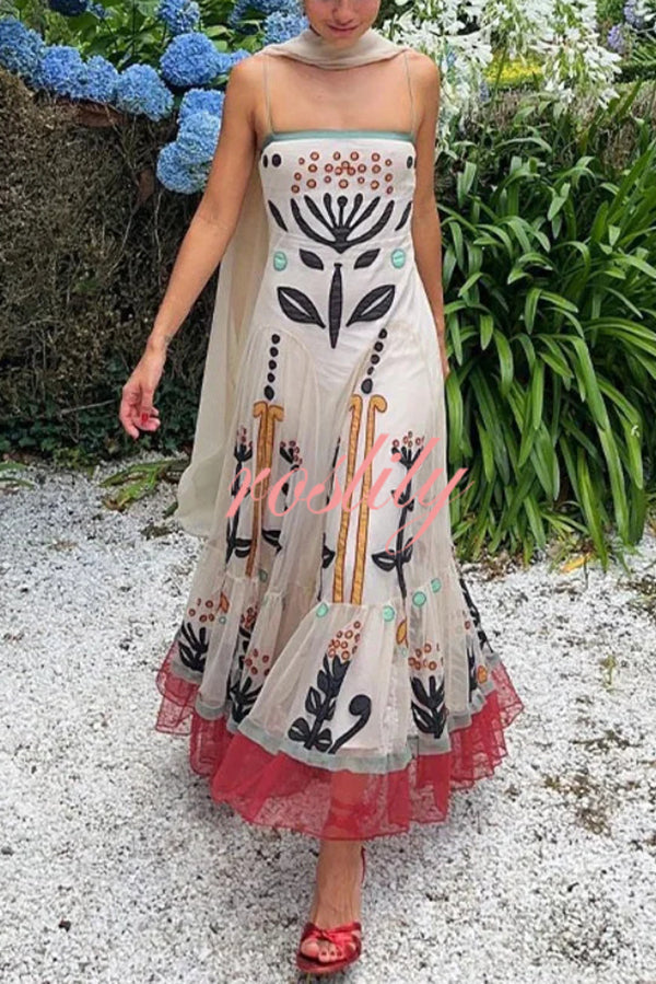 Botanical Print Chiffon Sling Backless Resort Maxi Dress