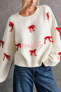 Christmas Bow Round Neck Loose Long Sleeve Knitted Sweater