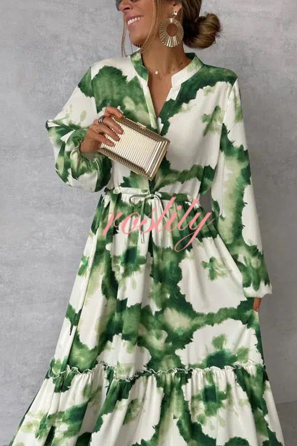 Unique Printed V-neck Long Sleeve Waist Tie-down Maxi Dress