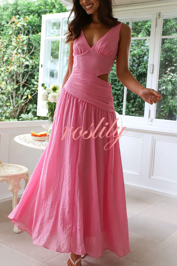 Solid Color V-neck Waist Hollow Slim Maxi Dress