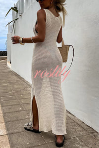 Solid Color Knitted Cutout Slit Slim Fit Maxi Dress