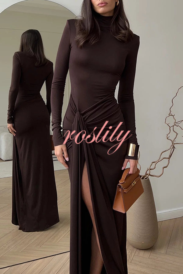 Luxe Silhouette High Neck Shoulder Pads Drape Stretch Maxi Dress