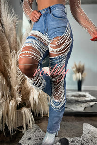 Stylish Multi-layered Pearl Chain Ripped Pocket Straight Jeans