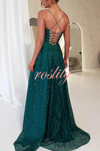 Cinderella Glitter Tulle Fabric Cowl Neck Back Lace-up Pocketed Slit Maxi Dress