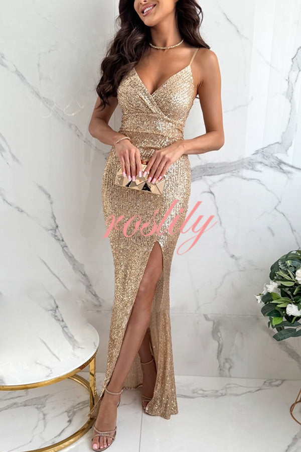 Look At The Bright Sequin V-neck Strap Slit Stretch Maxi Dress