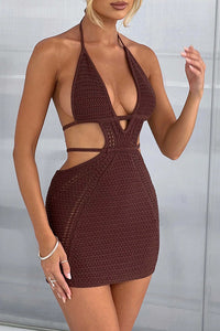 Effortlessly Cool and Sexy Knit Crochet Cutout Halter Tie-up Stretch Mini Dress