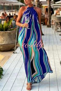 Phuket Dinner Colorful Wave Print Tassel Halter Maxi Dress