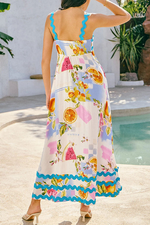 Vivi Fruit Floral Print Wave Pocket Maxi Dress