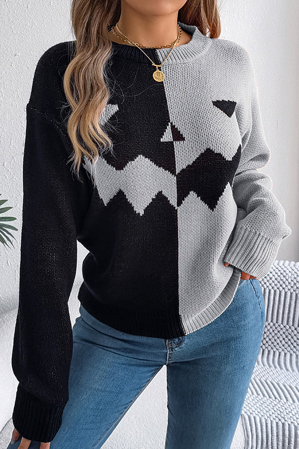 Halloween Pumpkin Contrast Color Long Sleeve Loose Sweater