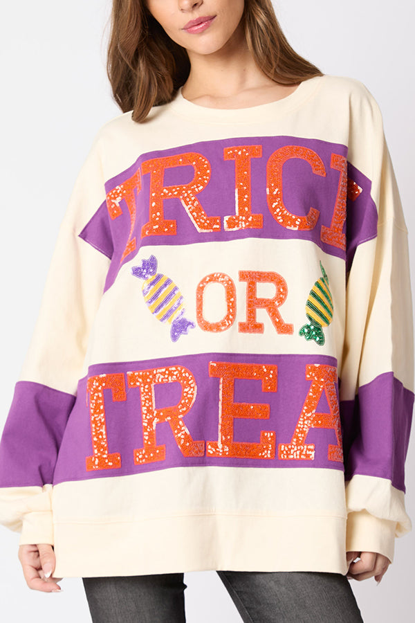 Halloween Letter Sequined Color Block Loose Casual Sweatshirt