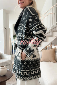 Winter Snowflake Waist Tie Lapel Midi Pocket Knit Cardigan