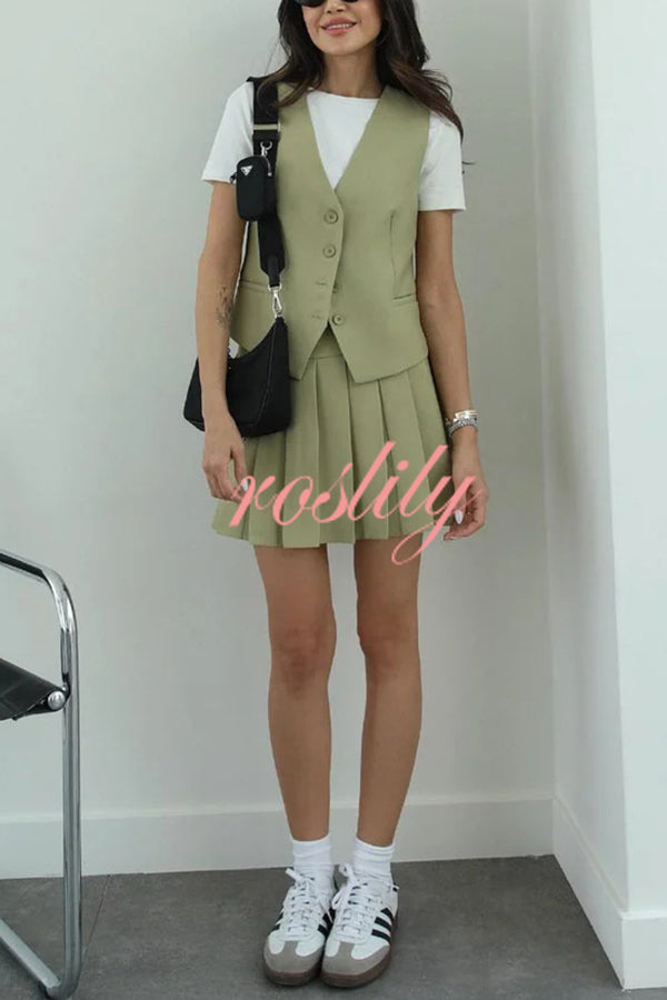 Solid Color Sleeveless Buttoned Vest and High-waisted Pleated Mini Skirt Set