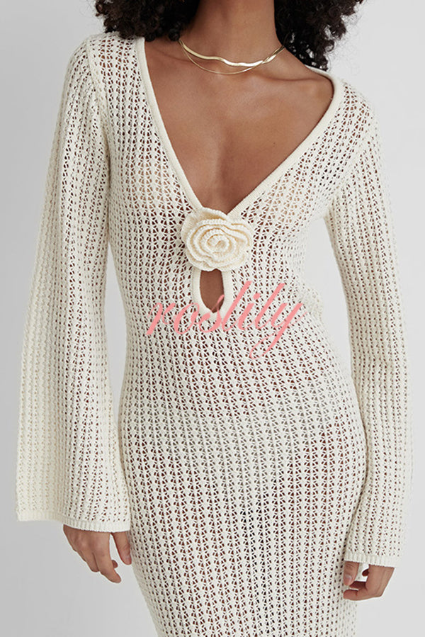 Bahamas Knit Long Bell Sleeve Sexy Backless Holiday Cover-up Maxi Dress