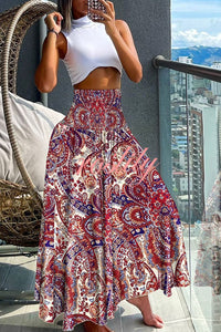 Unique Printed Pleated Elastic Waist Holiday Casual Maxi Skirt