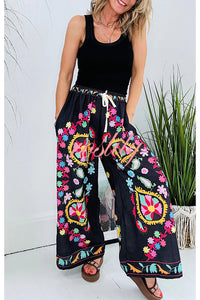 Hippie Style Unique Floral Denim Print Elastic Waist Pocketed Wide Leg Pants