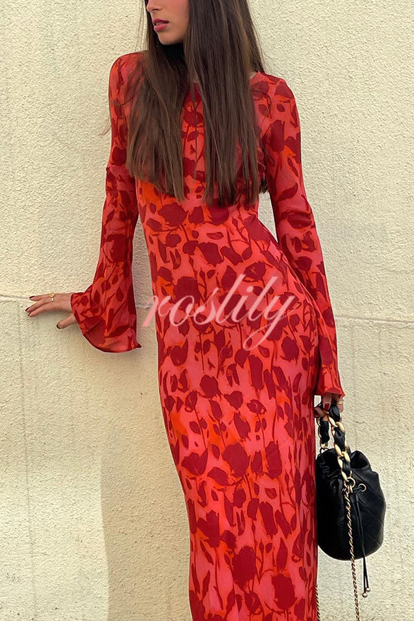 Gia Unique Print Boat Neck Long Bell Sleeve Bias Cut Maxi Dress