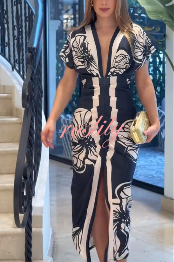 Bella Contrast Color Unique Print Dolman Sleeve Ruched Slit Midi Dress