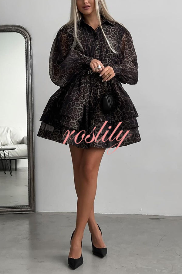 Leopard Print Chiffon Balloon Sleeves Tie Waist Mini Dress