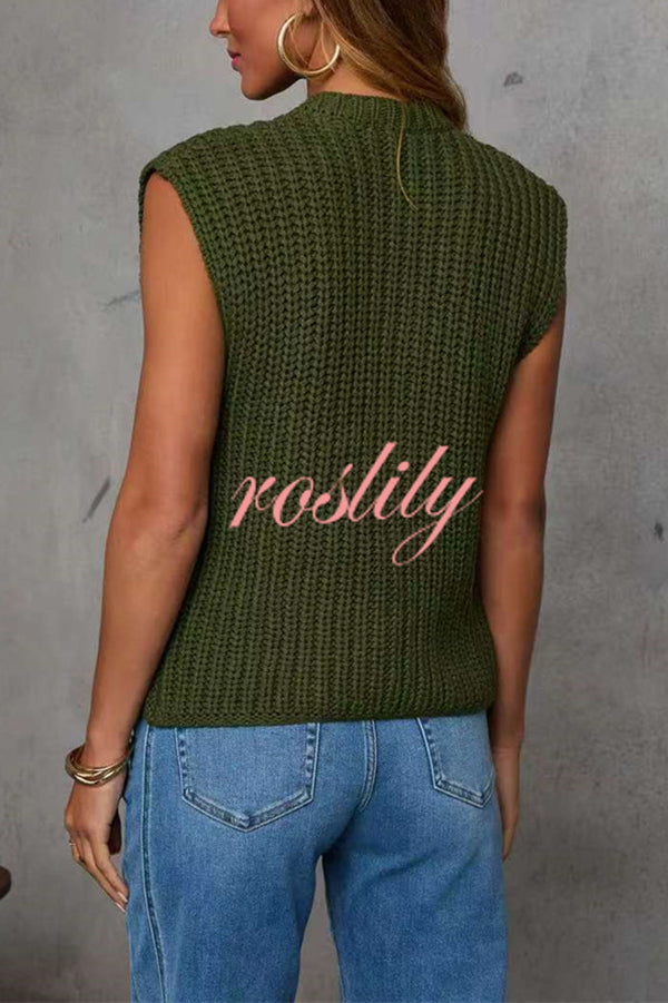 Solid Color Sleeveless Button Pocket Knit Vest