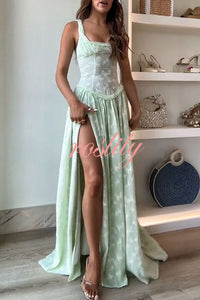 Garden Elf Lace Jacquard Textured Square Neck High Slit Maxi Dress