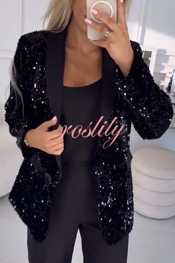 Fashion Sequin Lapel Long Sleeve Casual Blazer