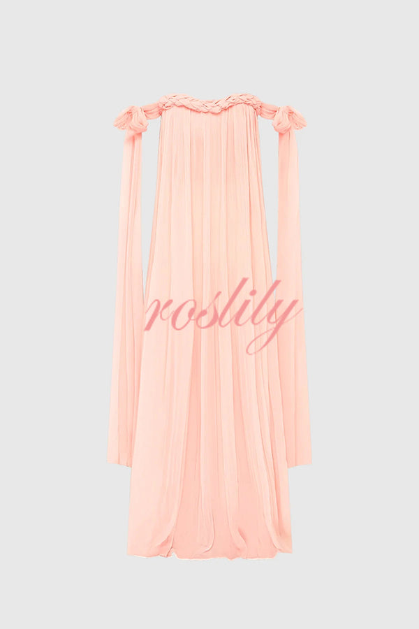 Fairy Spirit Tulle Braided Neckline Tie Arm Straps Pleated Maxi Dress