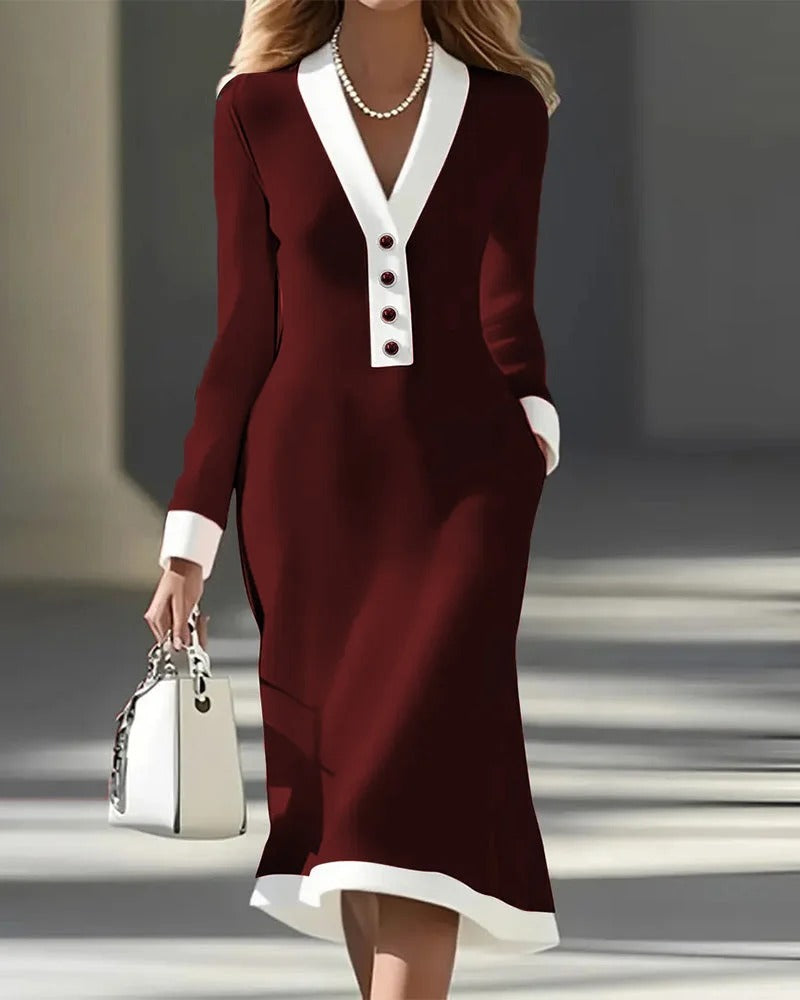 Elegant Contrast V-Neck Long Sleeve Midi Dress