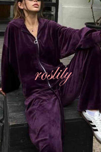 Velvet Casual Zip-up Hooded Top and Elastic Waist Wide Leg Pants Set