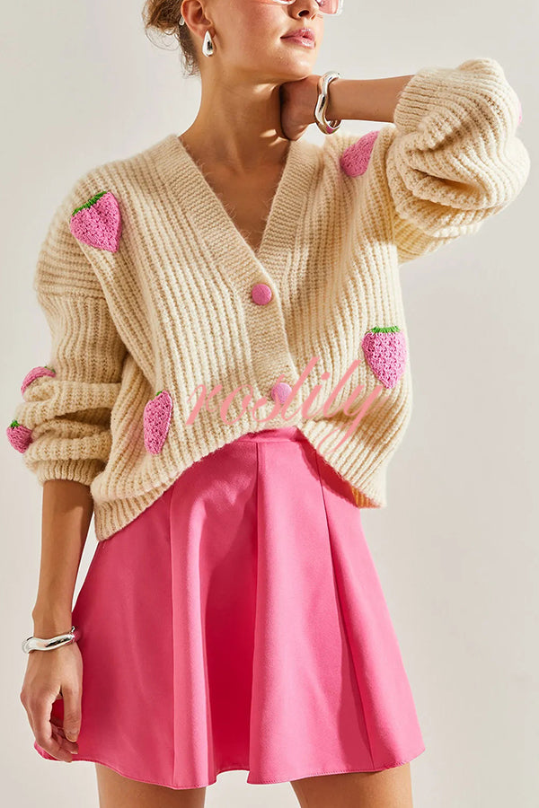 Stylish and Sweet V-neck Strawberry Embellished Knitted Cardigan