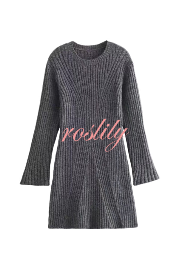 Beautiful Basic Ribbed Knit Long Slit Sleeve Flare Stretch Dress