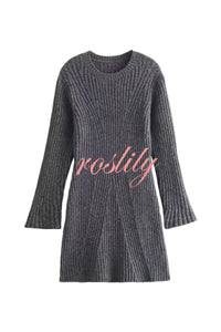 Beautiful Basic Ribbed Knit Long Slit Sleeve Flare Stretch Dress