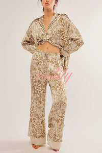 Unique Printed Lounge Long-sleeved Shirt and Elastic Waisted Baggy Pants Set