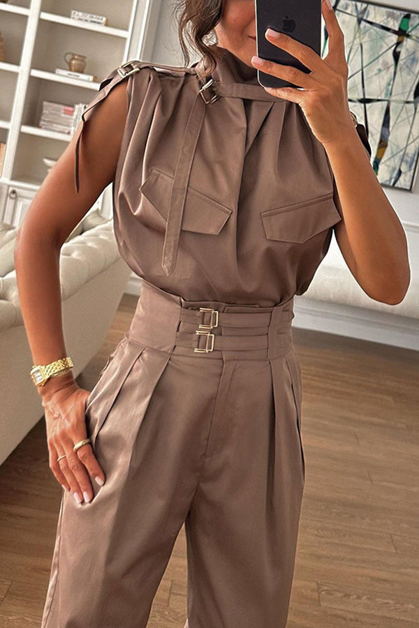 Statement Breast Pocket High Neck Top and Side Pocket Belt Long Pant Set