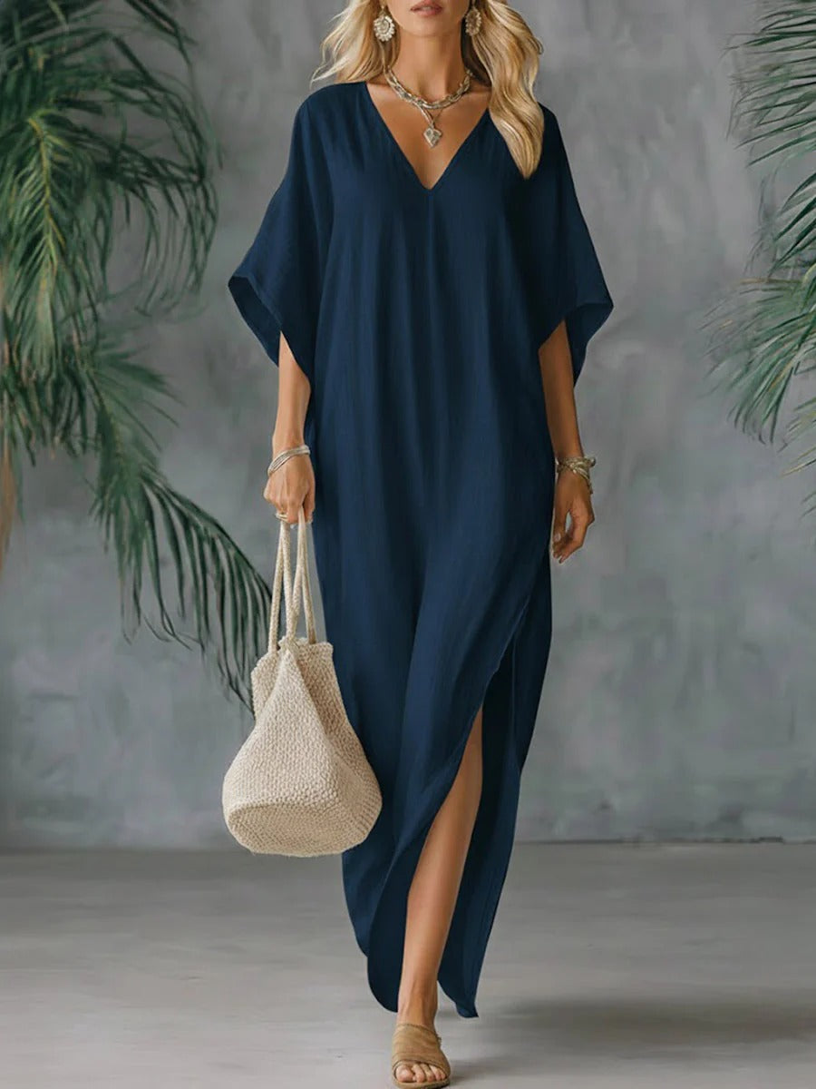 Solid Color V-neck 3/4 Sleeve Loose Cotton And Linen Dress