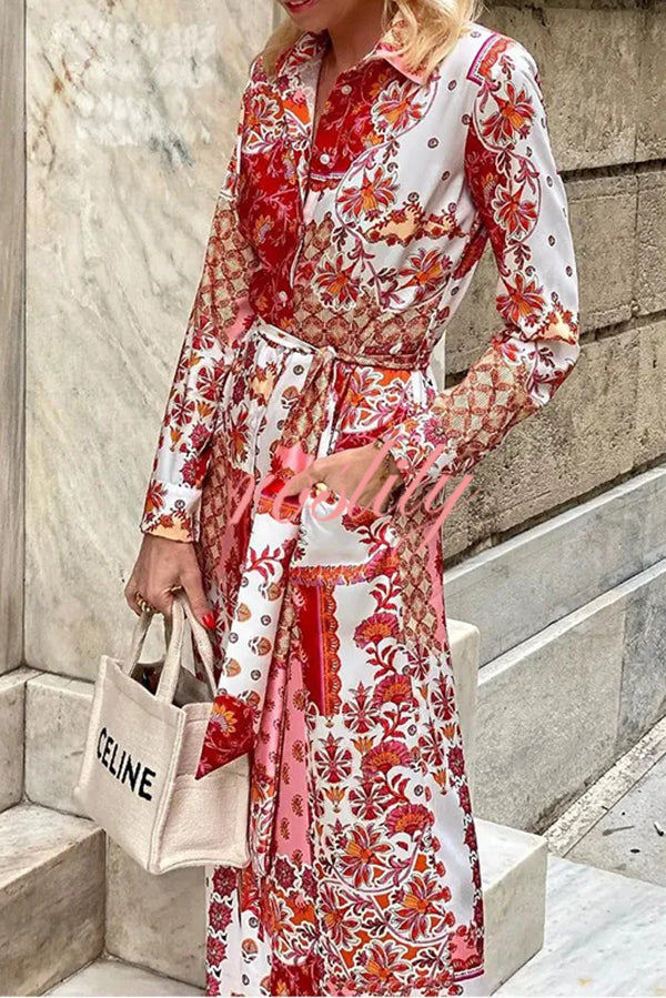 Bohemian Style Unique Printed Shirt Waist Tie Maxi Dress