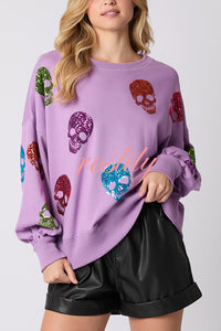 Halloween Skull Sequin Loose Casual Sweatshirt