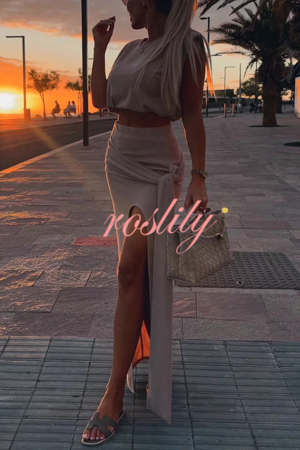 Comfortable Stylish Round Neck Sleeveless Casual Top and Elastic Waist Ruched Tie Slit Midi Skirt Set