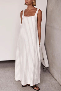 Simple and Stunning Linen Blend Pinstripe Detail Square Neck A-line Maxi Dress