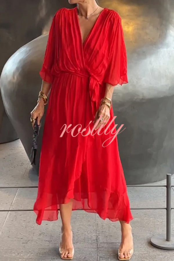 Solid Color V-neck Bat Sleeve Lace-up Irregular Hem Midi Dress