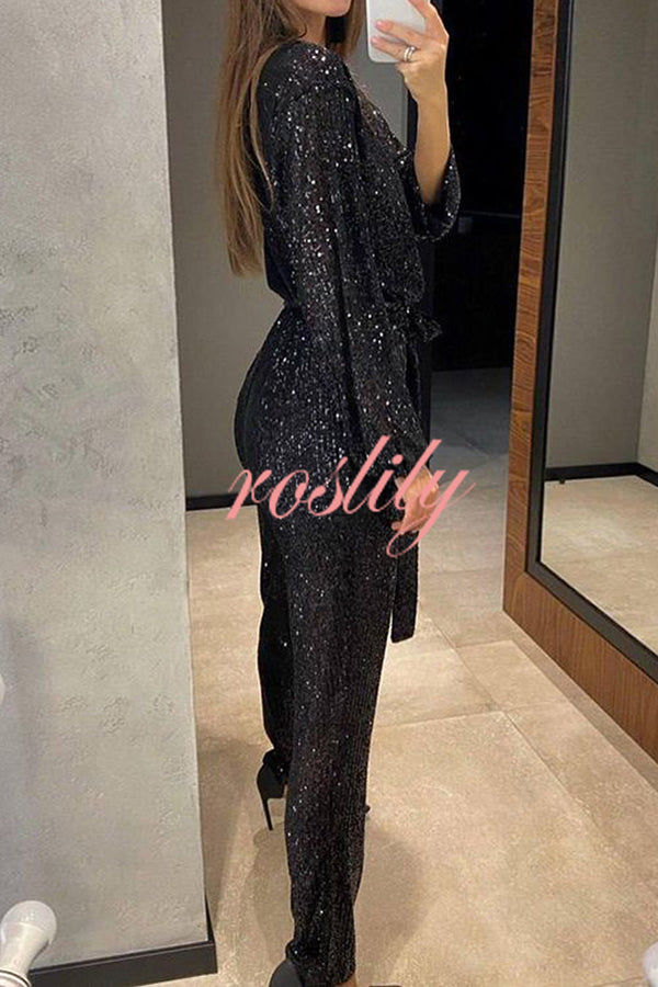 Cheers To You Sequin Long Sleeve Belted Wrap Loose Jumpsuit