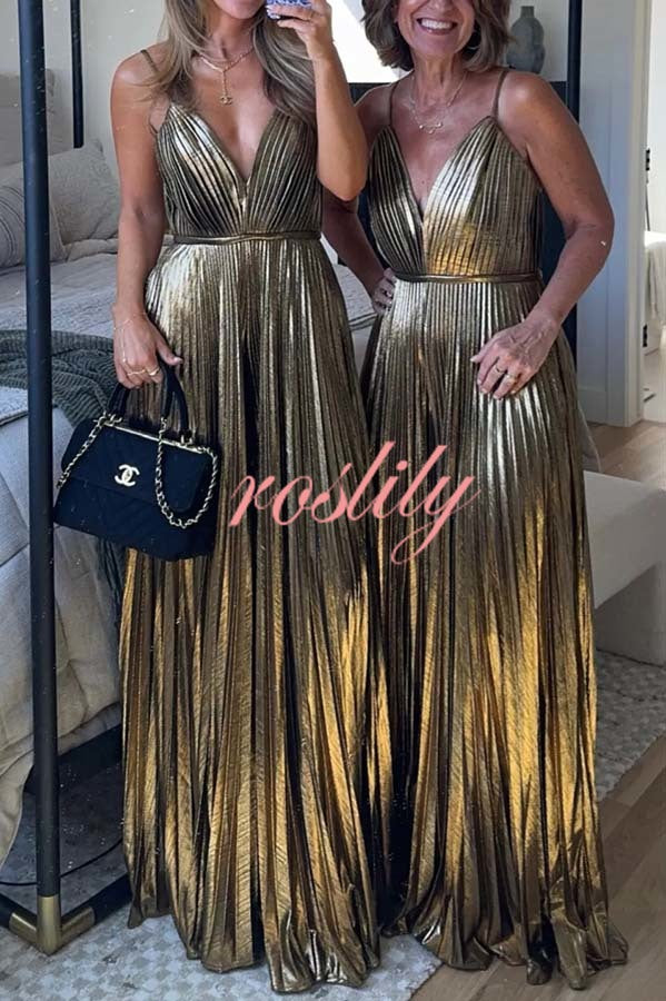 Disco Fashion Metallic Fabric Pleated Pocket Slip Wide Leg Jumpsuit