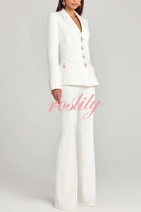 Women Power Metal Cross Snap Button Long Sleeve Lapel Blazer