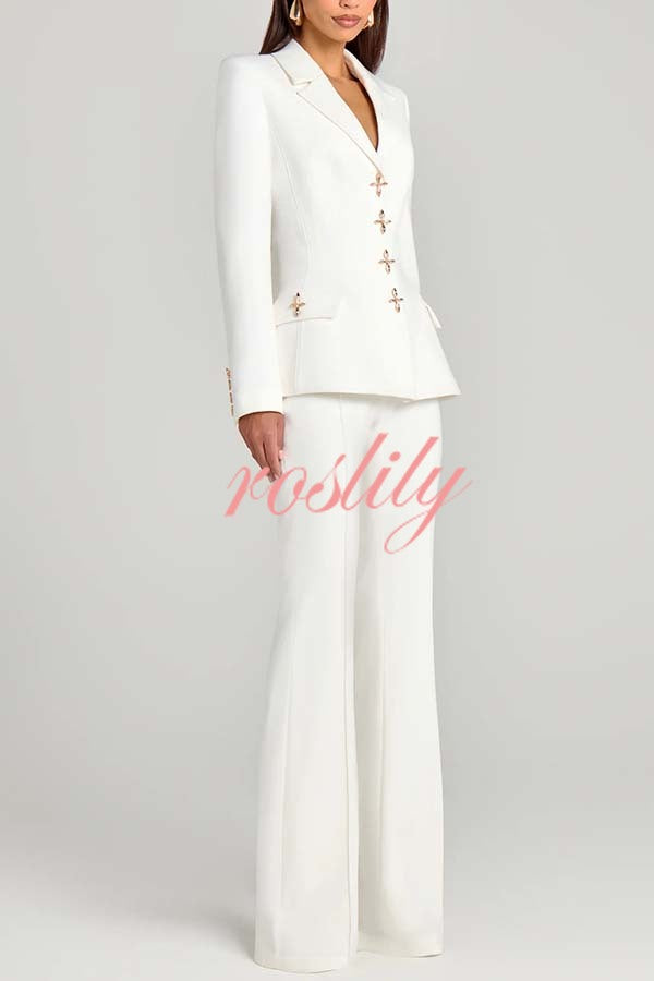 Women Power Metal Cross Snap Button Long Sleeve Lapel Blazer