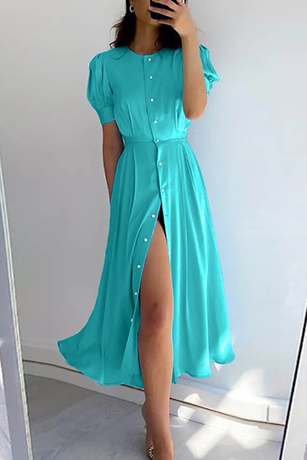 Chic and Classy Vibe Puff Sleeve Pearl Button Slit Midi Dress