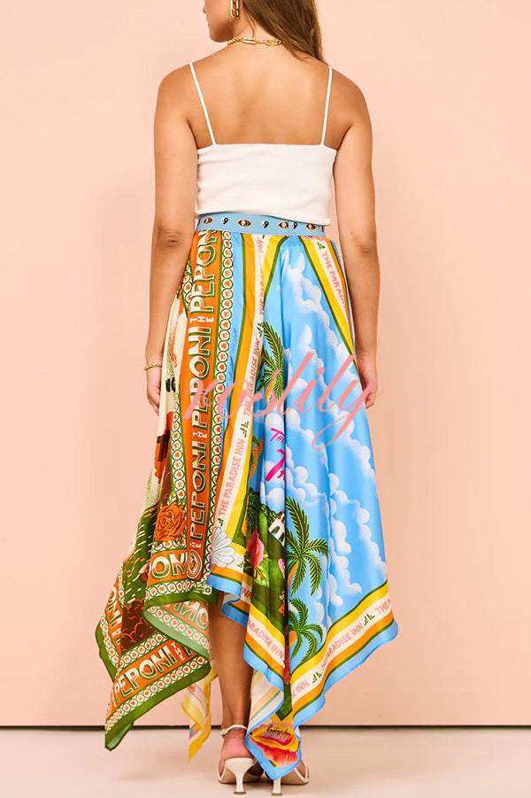 Summer Destination Satin Unique Print Elastic Waist Irregular Hem Maxi Skirt