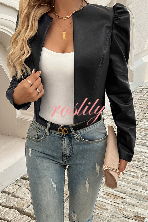 Yelissa Faux Leather Statement Long Sleeve Open Front Crop Jacket