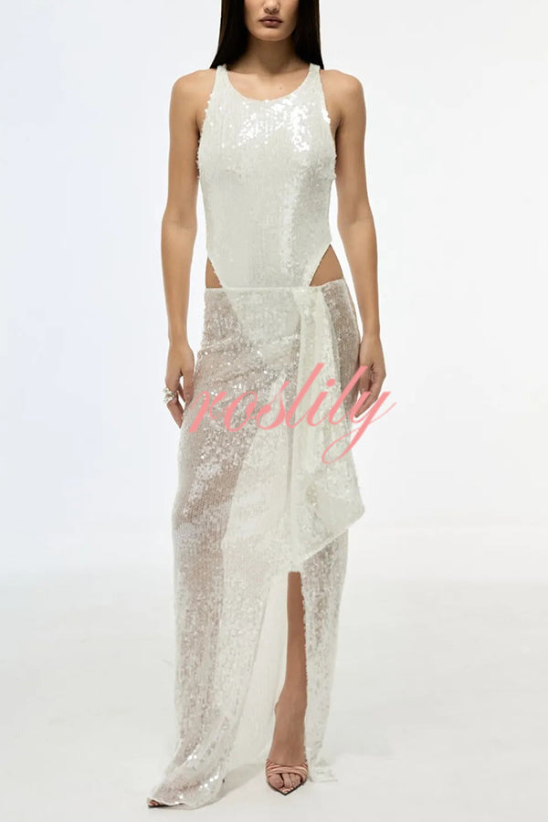 Fashion Sequin Sleeveless Fitted Rompers and Holiday Slit Maxi Skirt Set