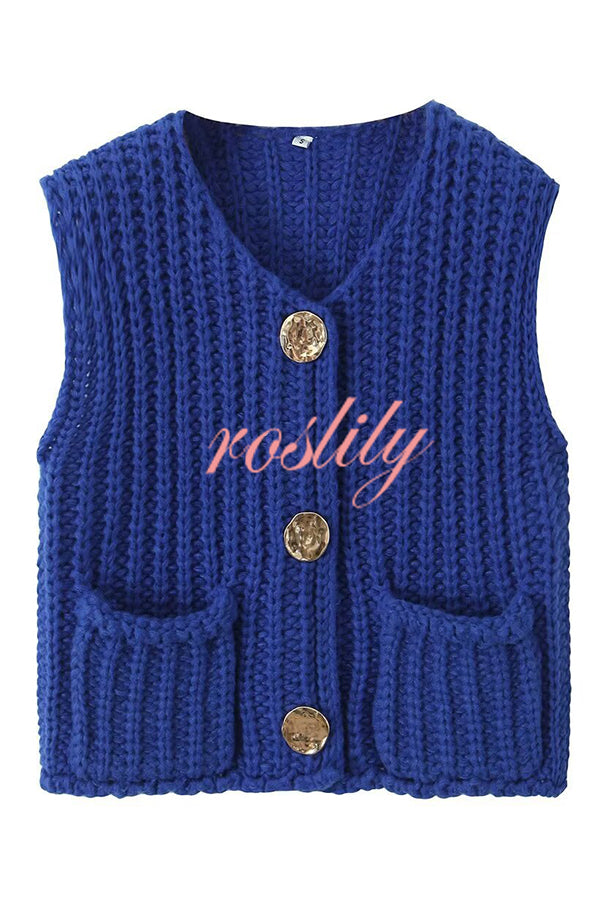 Solid Color Sleeveless Pocket Knitted Vest